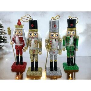 Nutcracker Soldiers Ornaments Set/4 Christmas Tree Crystal Wooden Multicolor NEW